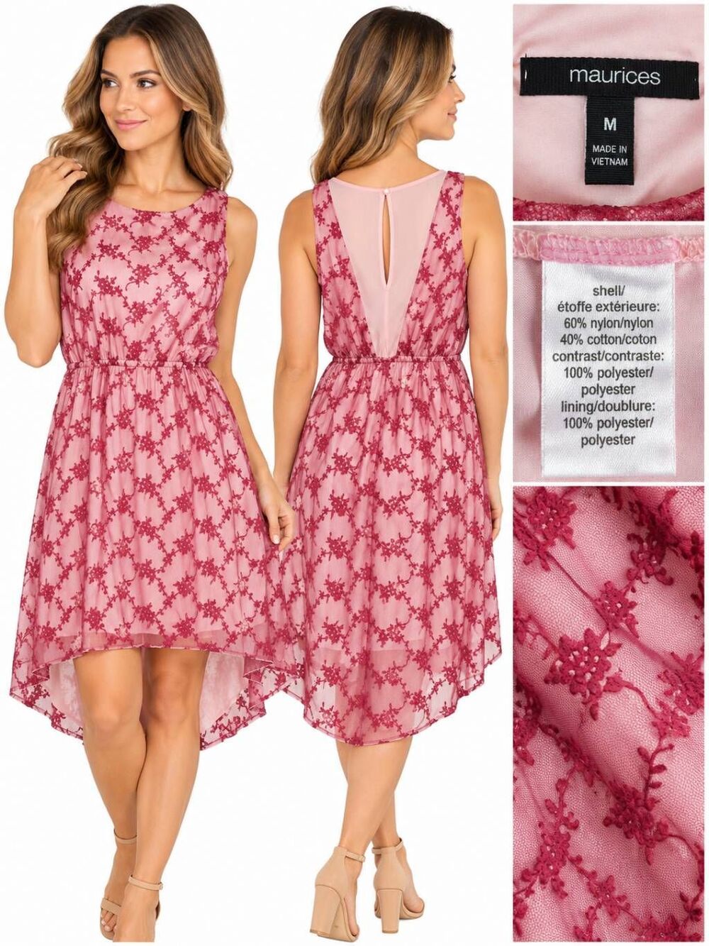Maurices Women’s Pink Floral Embroidered Hi-Low Sleeveless Dress Medium